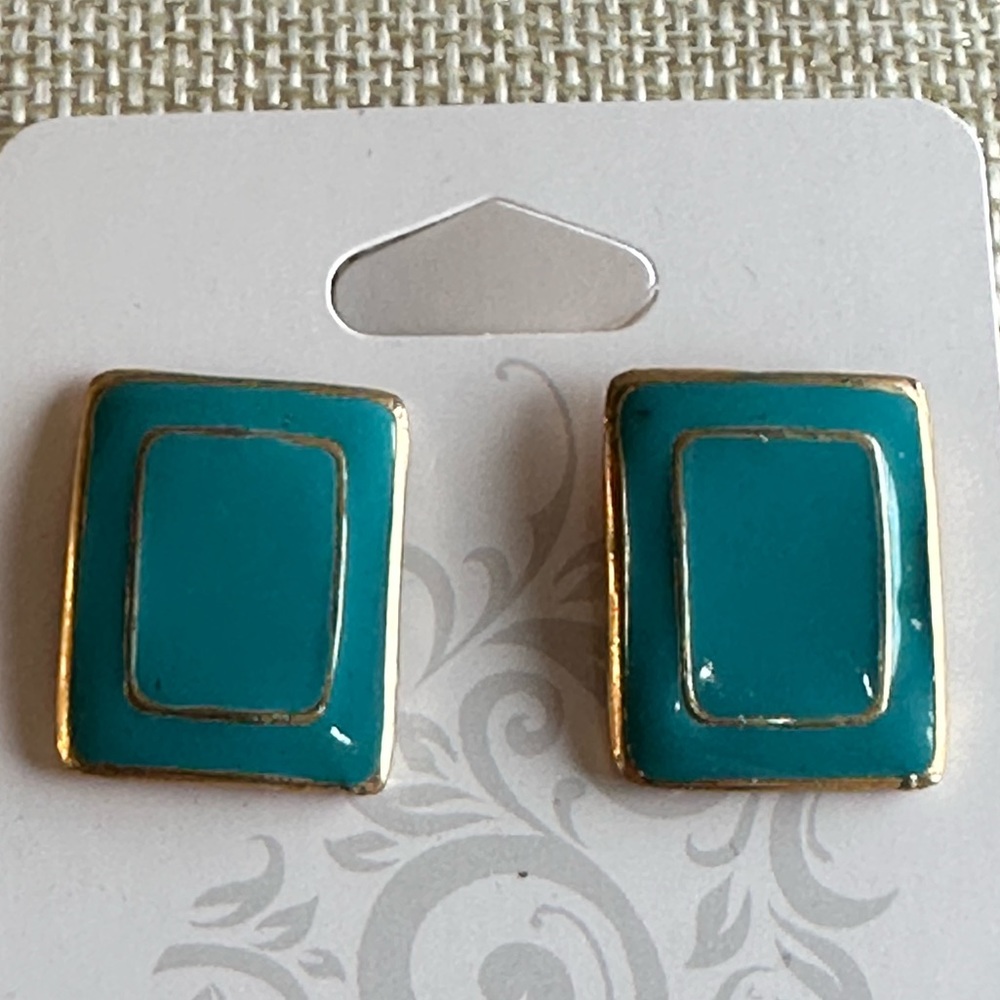 Rectangular turquoise colored earrings with gold edging